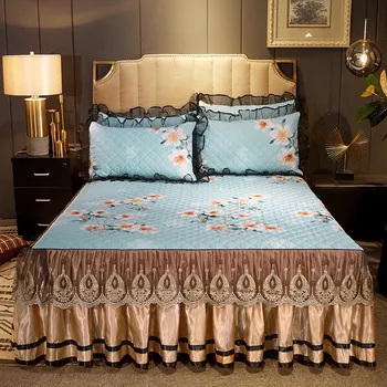 

Europe Princess Sanding Quilted Cotton Lace Bed Cover Bedspread Set King Size Bedskirt Elastic Non-slip Double Queen Pillowcase