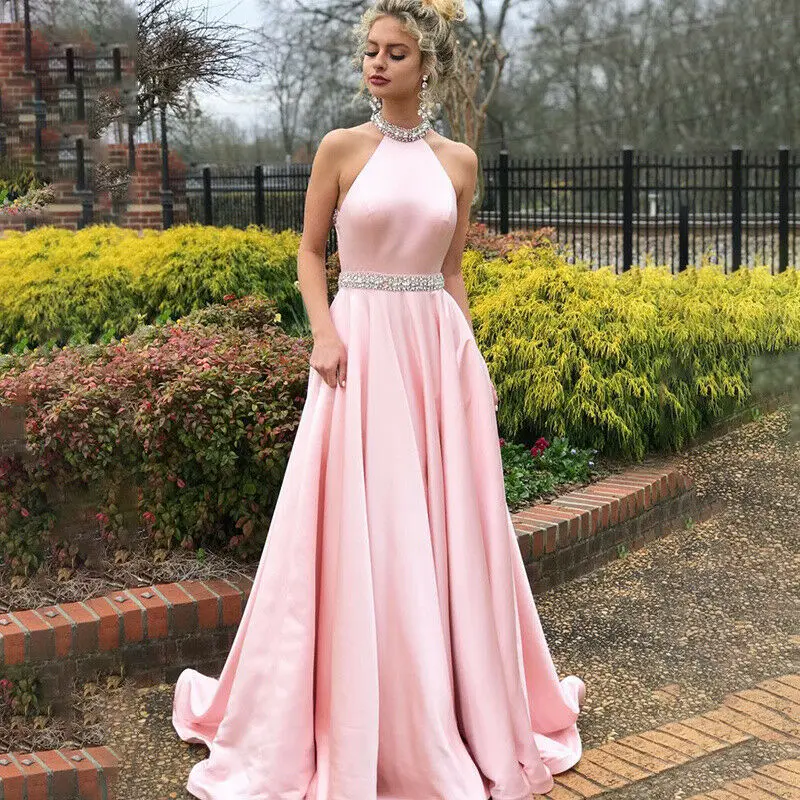 

New Arrival Pink Evening Dresses Long 2019 Elegat A line Halter Sleeveless Formal Occasion Party Prom Dresses robe de soiree