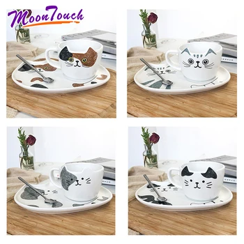 

Creative Cartoon Cat Ceramic Coffee Tea Cup Heat-Resistant Embossed Cute Animal Milk Mug 200ml With Lid Handle Spoon Office Gift