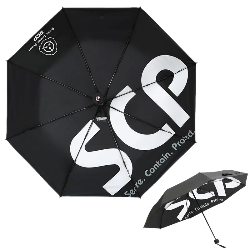 Style 1 Мультфильм SCP специальные процедуры удержания зонтик Tri-Складной Ветрозащитный складной Анти-УФ солнце дождь карманный зонтик черный - Цвет: Style 1