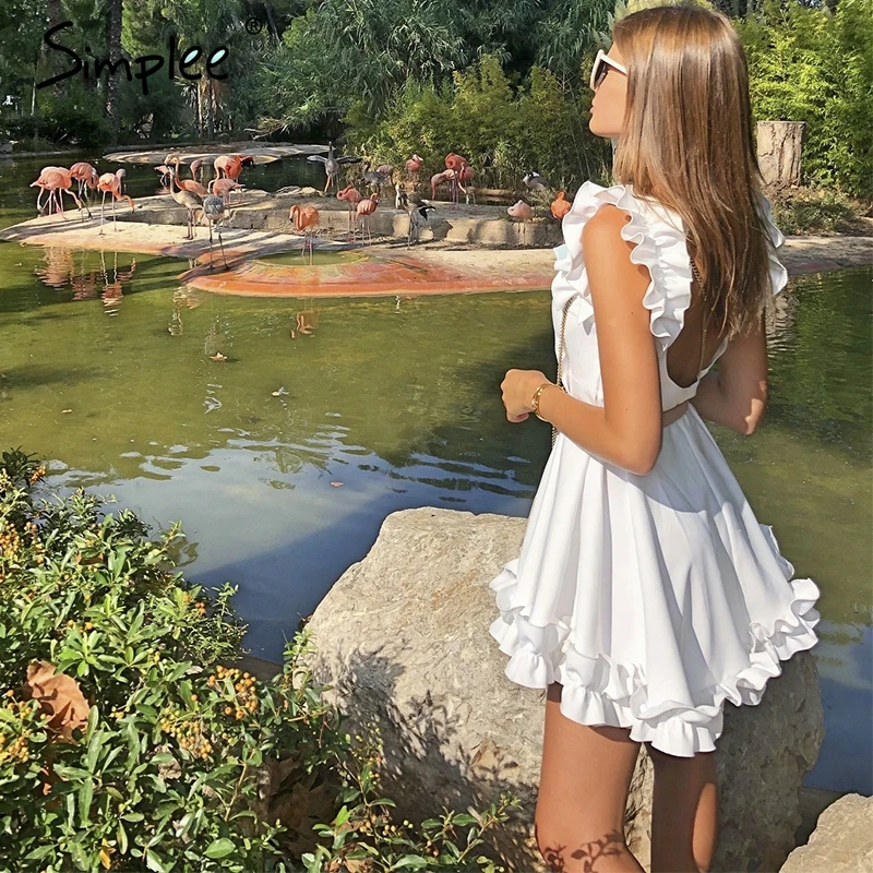 Simplee Sexy ruffle backless wome dresses O neck sleeveless party summer spring white dress Casual elegant solid dress festa