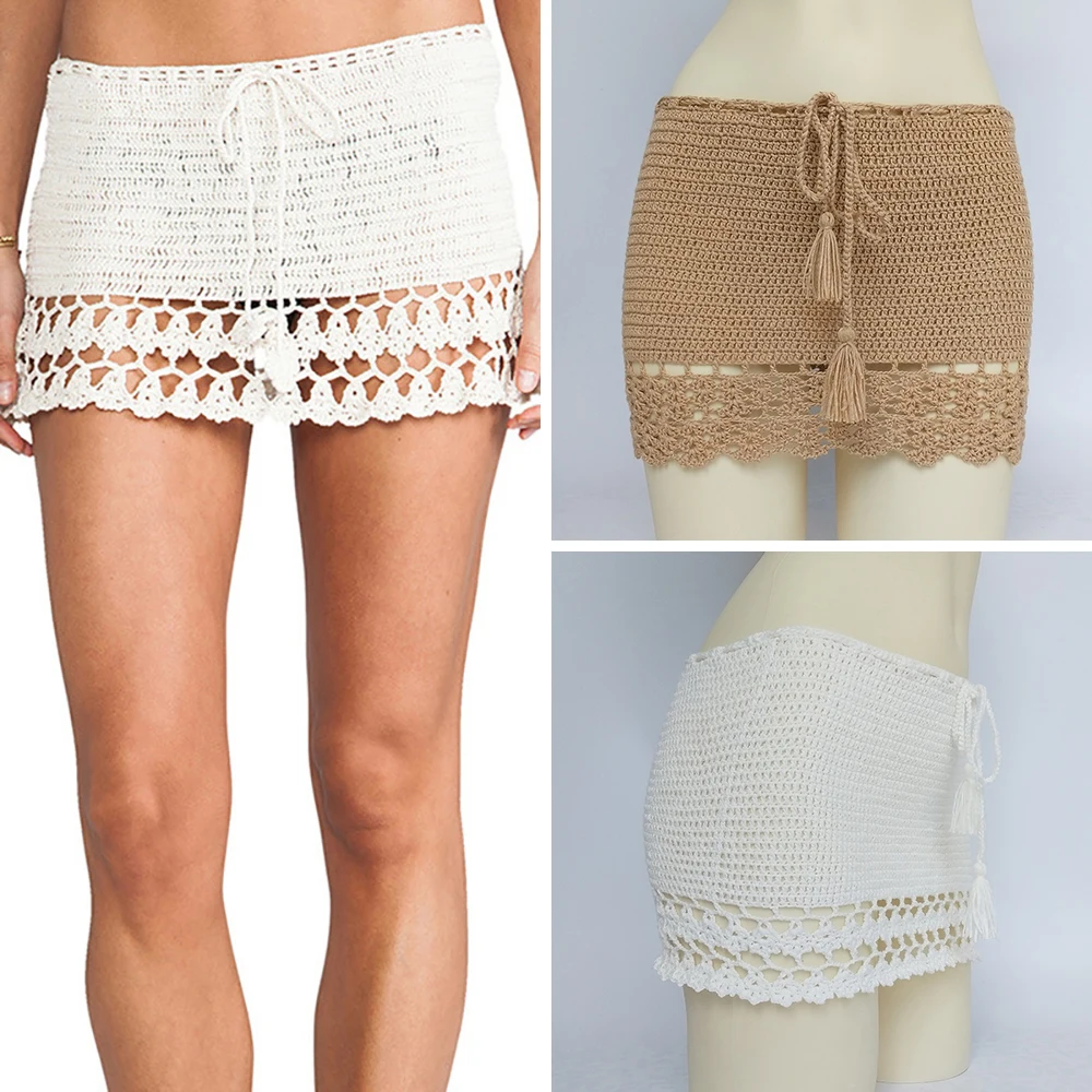

Elegant Handmade Cotton Crochet Mini Skirts Women Summer High Waist Bow Tie Skirt Ladies Beach Bikini Bottoms