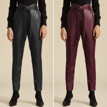 

Women's Autumn Trousers ZANZEA Fashion PU Leather Pants Casual Elastic Waist Long Pantalon Palazzo Female Solid Turnip Oversized