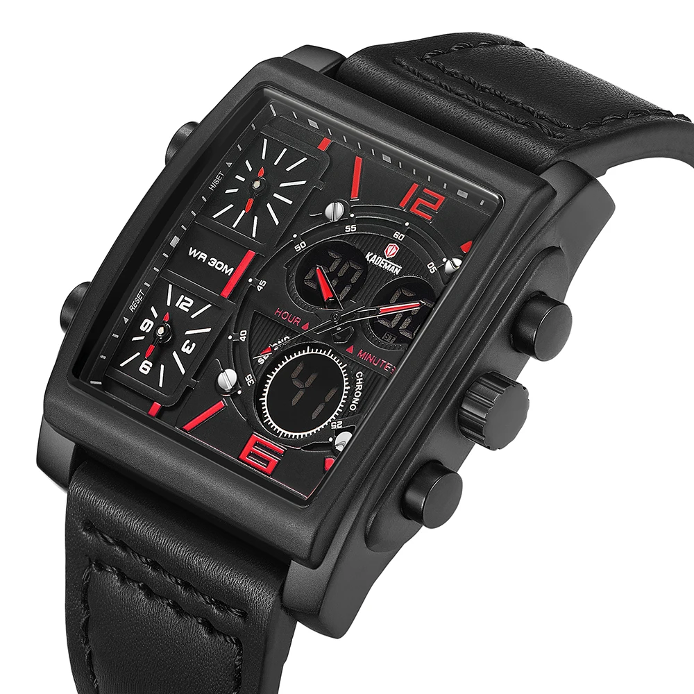 

KADEMAN Mens Watch Dual Display Top Brand Man Wristwatch Square Shape Multifunction Clock Waterproof Leather Strap Fashion Watch
