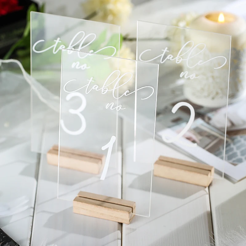 Personalized Acrylic Wedding Table Numbers with Holders Calligraphy Table Number Wedding Signage Clear Wood Number Stand