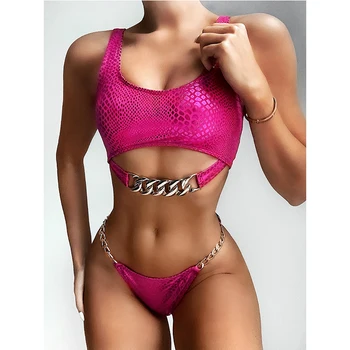 

Shiny Swimsuits Woman Push Up Bikinis Set Metal Chain Tank Top Bathing Suits Two Pieces Swimwear Snake Skin Print Pink Biquine