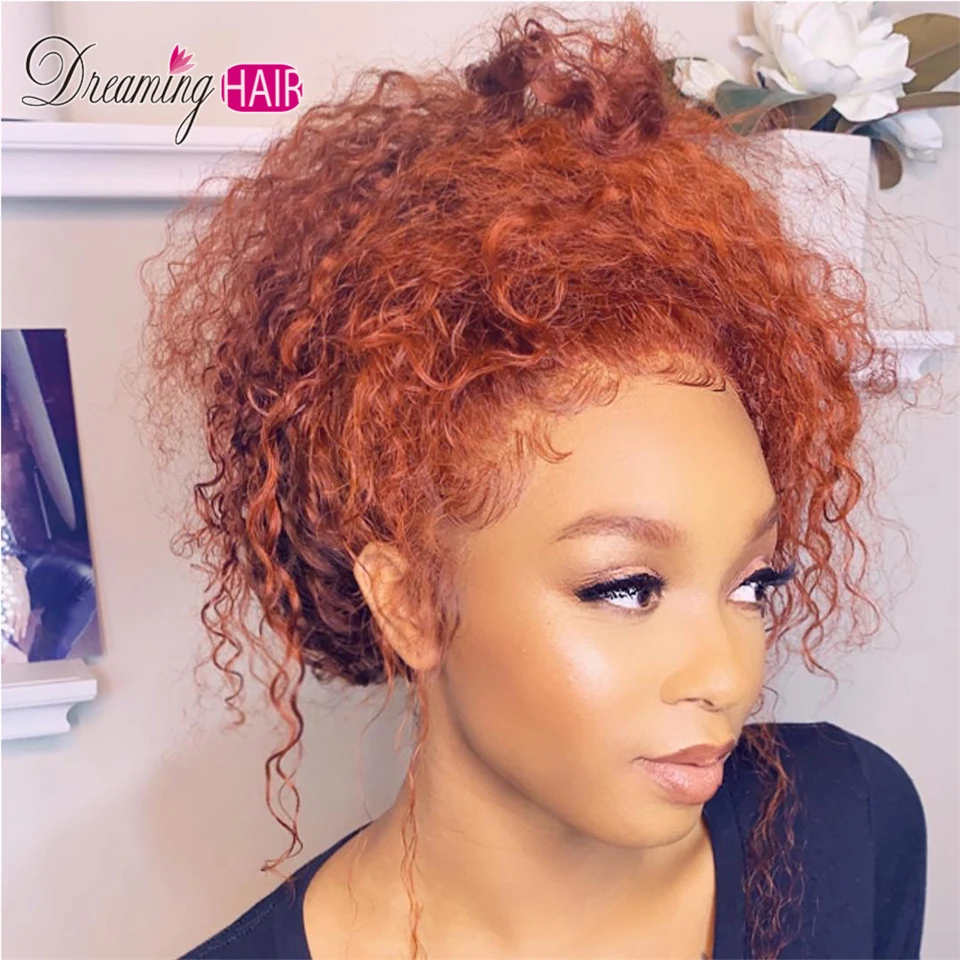 150 плотность оранжевый кружевной передний парик Цветные Короткие вьющиеся