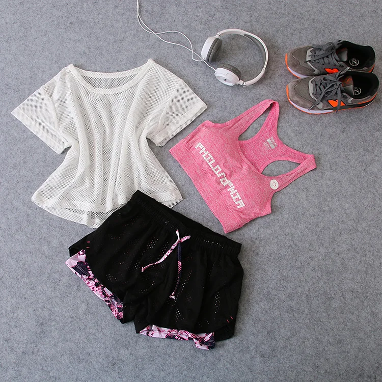 Женский комплект из 3 предметов для йоги, топ+ бюстгальтер+ шорты, одежда для фитнеса, спортзала, спортивная одежда для тренировок, занятий спортом, бега, быстросохнущие женские спортивные костюмы - Color: TZ3001D