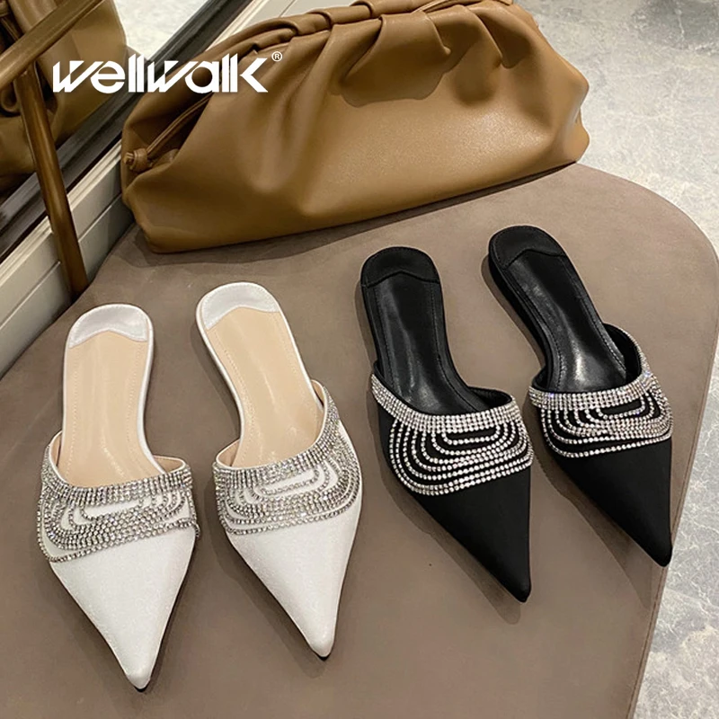 

Chic Mules Shoes With Tiny Diamond Chain Slippers Women Flats Pointed Toe Dress Designer Slides Female Wedding Shoes