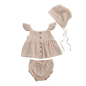 

0-24M Toddler Baby Girls Summer Clothes Newborn Kids Ruffles Sleeve Button Tops Dress+Shorts+Hat Cap Cotton Linen Soft Clothes