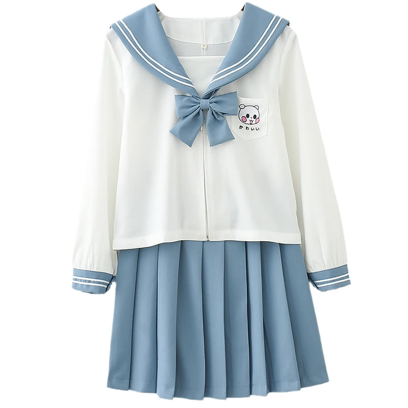 Japanese Kawaii Pleated Shirt Dress Sets Teen Soft Girls Cute Lolita Jk School Uniform Long Sleeve Sailor Anime Cosplay Costume