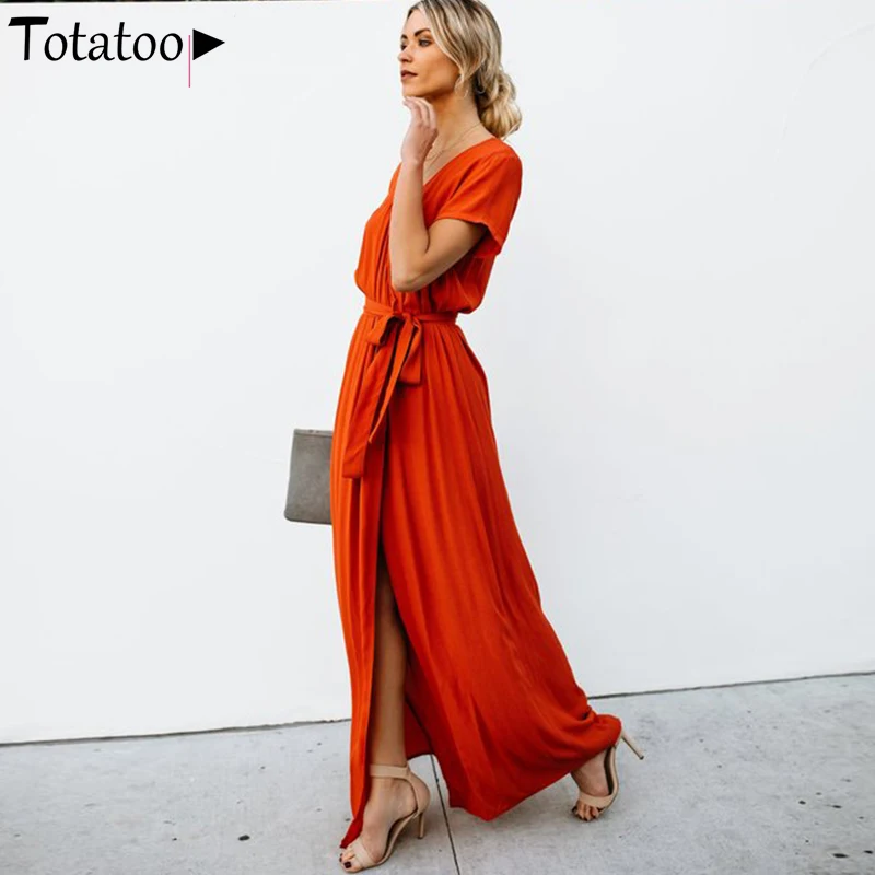 Totatop, летнее хлопковое длинное платье, одноцветное, с коротким рукавом, с высоким разрезом, с поясом, платье с запахом, Пляжное платье, большие размеры, повседневные платья макси