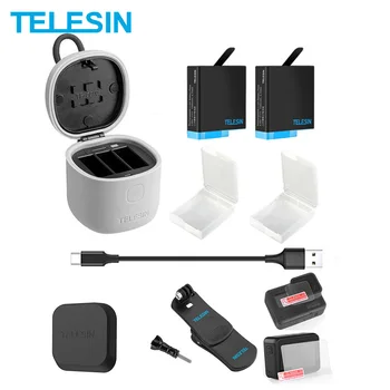 

TELESIN 2Pack Battery & 3 Slots Charger TF Card Reader Charging Storage Box Backpack Clip Lens Cap for Gopro Hero 8 7 6 5 Black