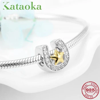

New 925 Sterling Silver Horseshoe shape Clear CZ with Golden Star Bead Fits Original Pandora Charms Bracelets bangles Jewelry