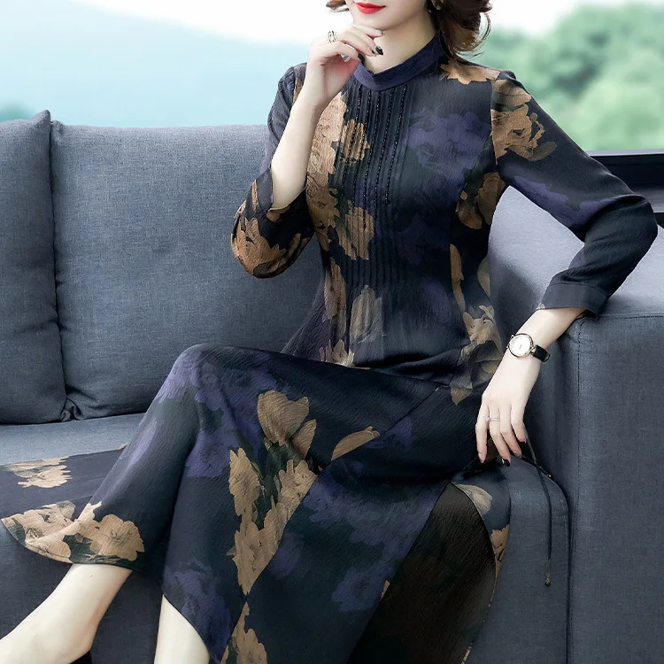 

Chinese-style Vintage Printed Middle-aged Women Dress Dress Women's 2020 Early Spring New Style Chinese Style Stand Collar Large