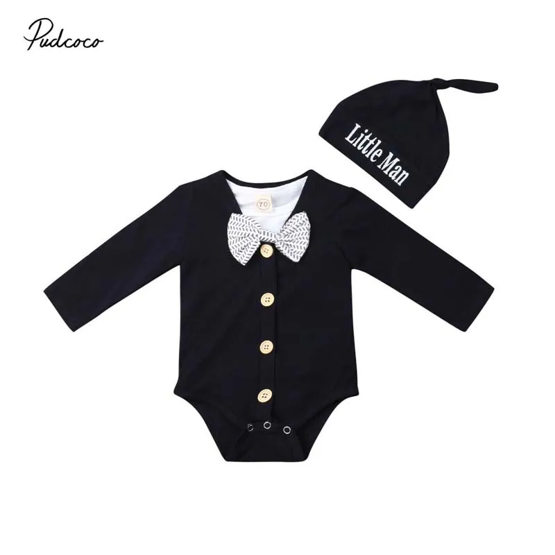 

2019 Baby Spring Autumn Clothing Newborn Baby Boy Gentleman Jumpsuit Bodysuit Bow Tie Playsuit Outfit Hat 3Pcs Set Clothes