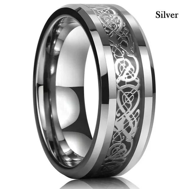 FDLK   8 Colors 8mm Men's Stainless Steel Dragon Ring Inlay Red Green Black Carbon Fiber Ring Wedding Band Jewelry Size 6-13 Silver