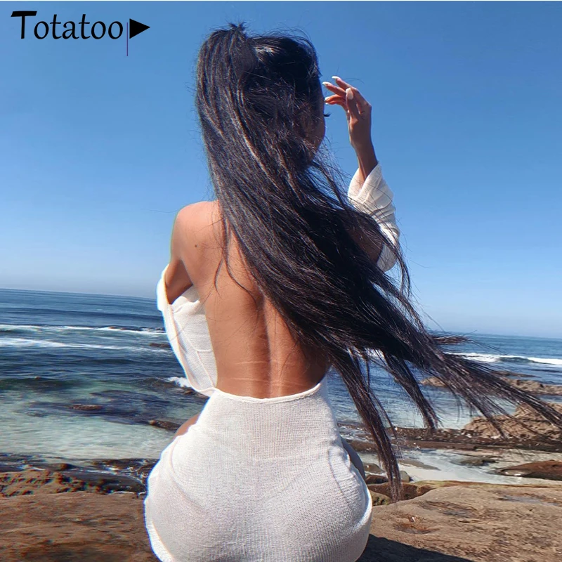 Totatoop Backless Sexy Knitted Dress Women 2021 Summer Long Sleeve Open Back See Through Beach Cover Mini Dress Femme Clubwear vintage clothing stores