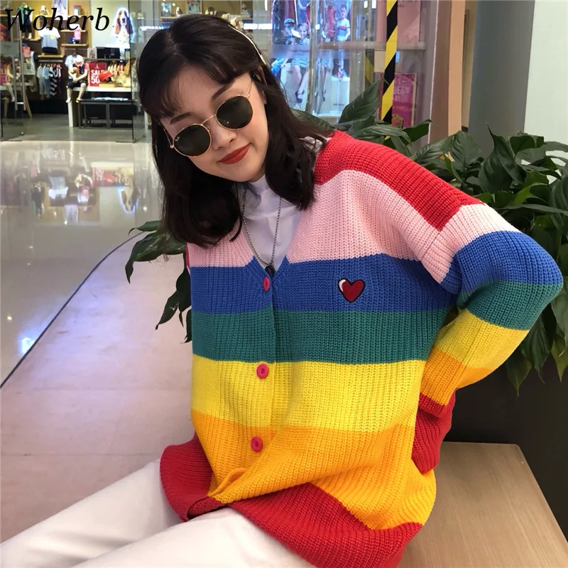 

2019 Autumn Harajuku Cardigan Women Striped Rainbow Sweater Coat for Female Loose Sweaters Letter Embroidery Jumper Cardigans