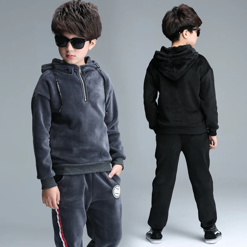 

Casual Pullover Solid Hooded Tops Jogger Pocket Trousers Baseball Warm Pleuche Sets/2PCS 2019 Fashion Kid suit Sportwear Thicken