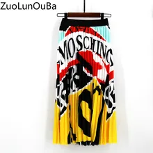 Женские Плиссированные Длинные юбки в студенческом стиле с мультяшным принтом, эластичная синяя розовая юбка с высокой талией, женская летняя повседневная юбка