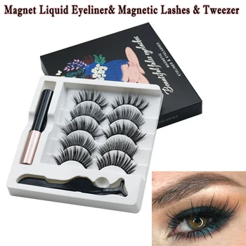 

5 Pairs Natural Long 3D False Eyelashes Extension Beauty Makeup Set Tools Magnet Liquid Eyeliner& Magnetic Lashes & Tweezer