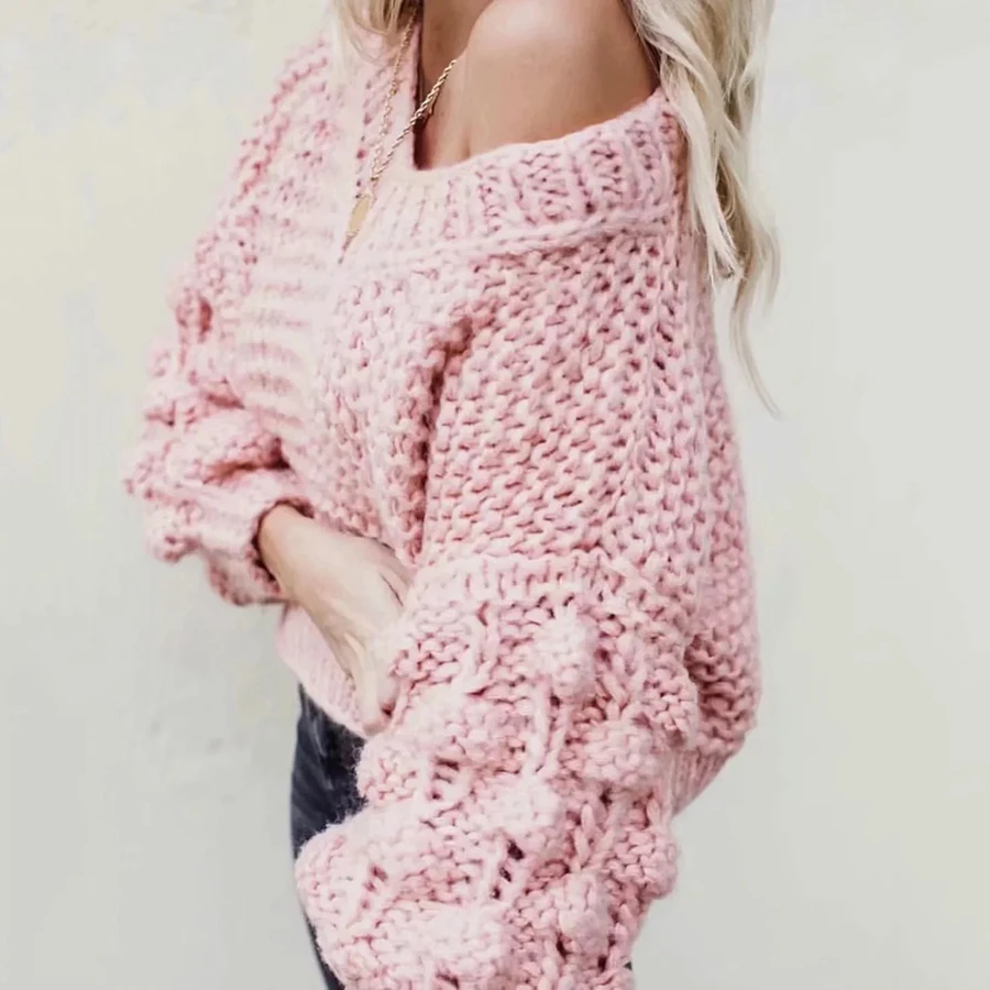 

2019 Solid Vintage Lazy Style Winter Clothes Women V-neck Lantern Sleeve Pullover Knitting Sweater Pink Gray New Sweater
