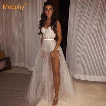 

White long fashion women's mesh stitching bandage dress sexy sleeveless strapless lace Bodycon dress Evening party Vestidos