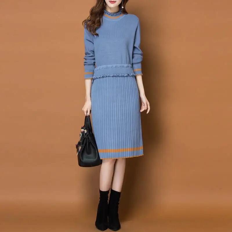  Women Casual Knitted Sweaters And Pencil Skirt Sweater Suits Autumn Winter Jumpers Top Clothing Two