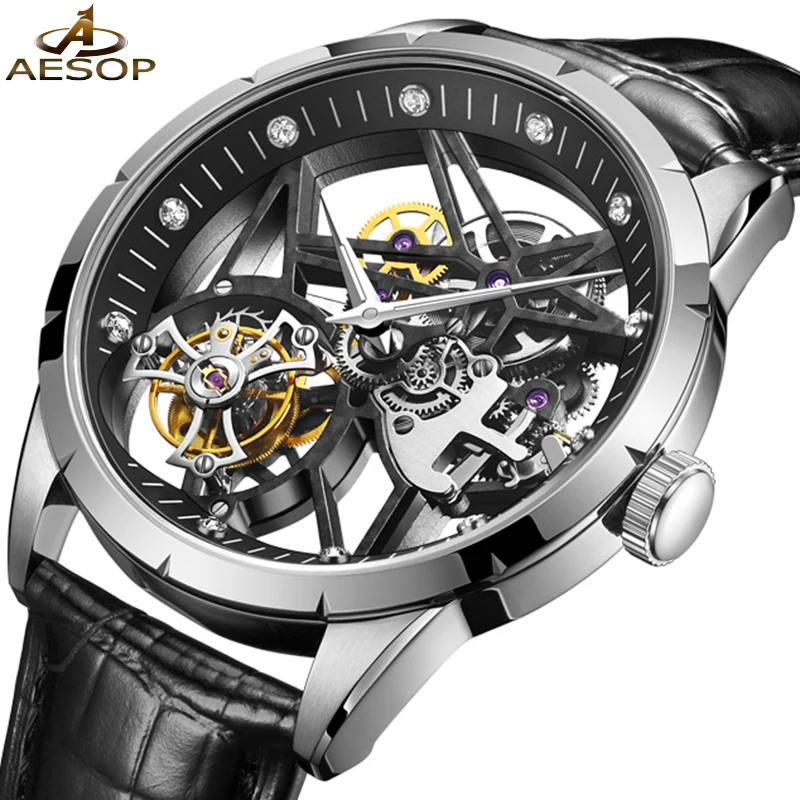 AESOP Hollow Skeleton Automatic Flying Tourbillon Watch for Men Mechanical Thin Dial Business Fashion Wristwatch Reloj Hombre