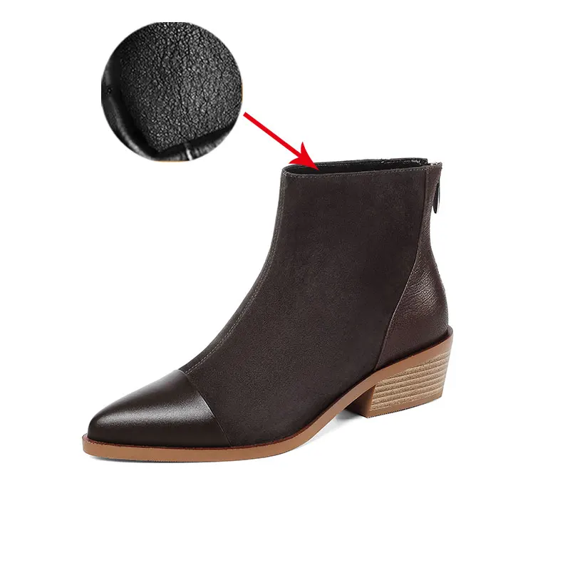Gray Leather Lining ROBESPIERE; женские зимние ботинки; обувь из натуральной кожи с острым носком; женские популярные ботинки на молнии; цвет коричневый; теплые плюшевые ковбойские ботинки на квадратном каблуке; B106 - Цвет: Gray Leather Lining