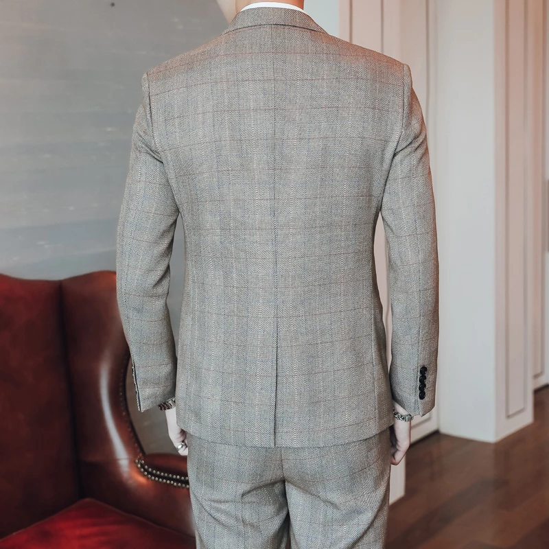 Autumn Winter Fashion Men Plaid Suit Size XXXL 4XL 5XL Mens Suit Jacket + Pants + Vest High Quality Slim Fit Men Wedding Suits