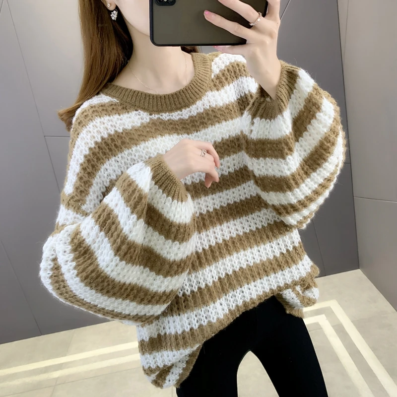 

215571 room 2 Row 2 No. 2 top] real shot striped round neck Pullover knitted sweater [1001] 39