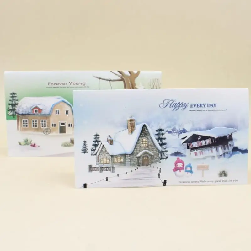 

10pcs/lot New Creative Handmade Horizontal Christmas Gift Card Snowy House Pattern Glittery Gold Christmas Wish Card