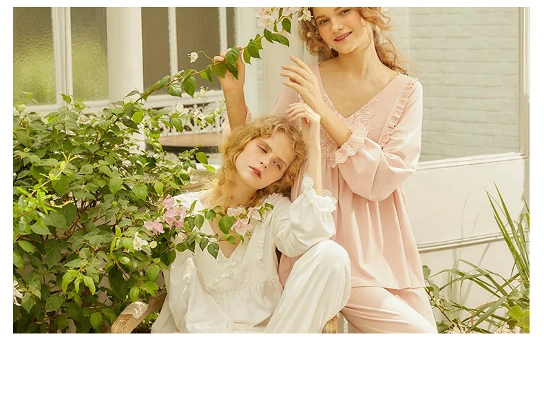 Весна-осень, женские хлопковые пижамы с v-образным вырезом, комплекты, розовый/белый цвет, длинный рукав, винтажная элегантная одежда для сна, милая Пижама