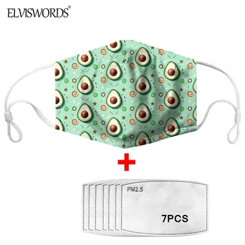 

ELVISWORDS Cute Avocado Pattern Reusable Mouth-Muffle WIth 7 Pieces PM 2.5 Face Mask Filter Cartoon Mouth Mask for Children