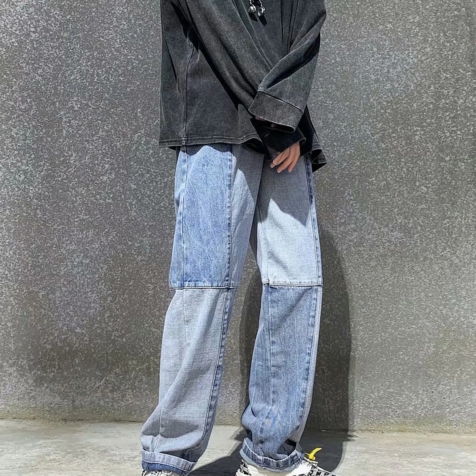 2021 Men's Fashion Loose Stitching Jeans Wide Leg Trousers Jeans Pants Male Loose All-match Straight Pants Large Size #01 2