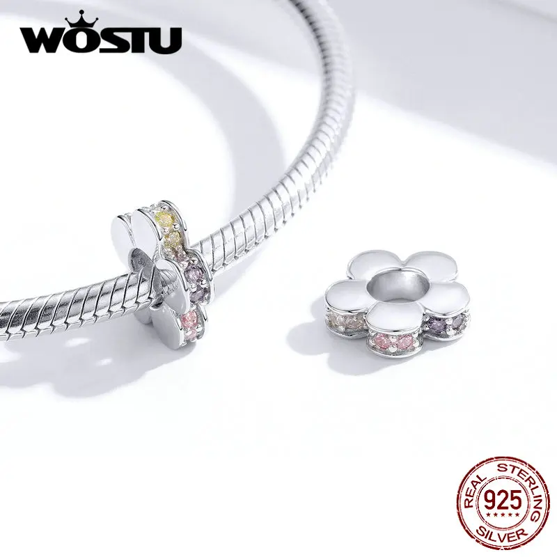 WOSTU подлинный 925 пробы Серебряный красочный Цветущий цветок шарик Циркон Шарм Подходит браслет кулон ювелирных изделий CTC114