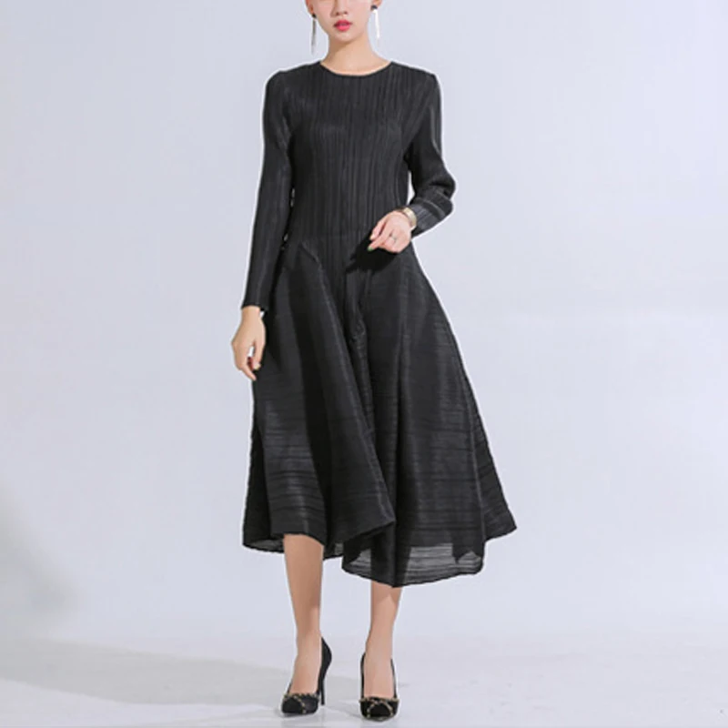 Changpleat Весенние новые женские платья Miyak плиссированные модные однотонные с o-образным вырезом солидные Большие размеры с длинным рукавом женское платье D8980