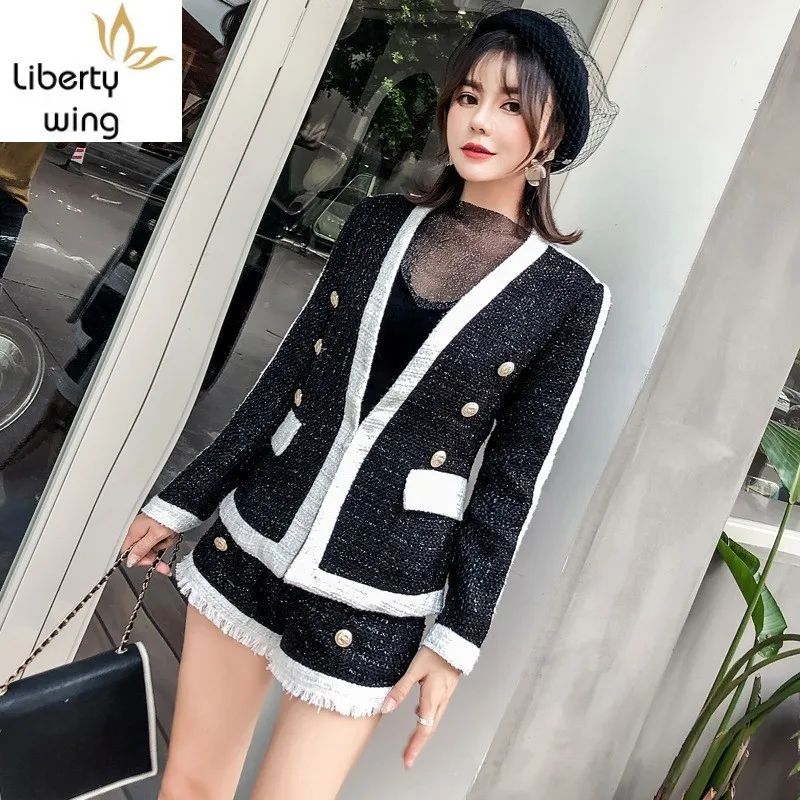 

Fashion Panelled Womens Slim Fit 2Pcs Woolen Outfits Long Sleeve V-Neck Hidden Button Short Coats Tassel High Waist Hot Shorts