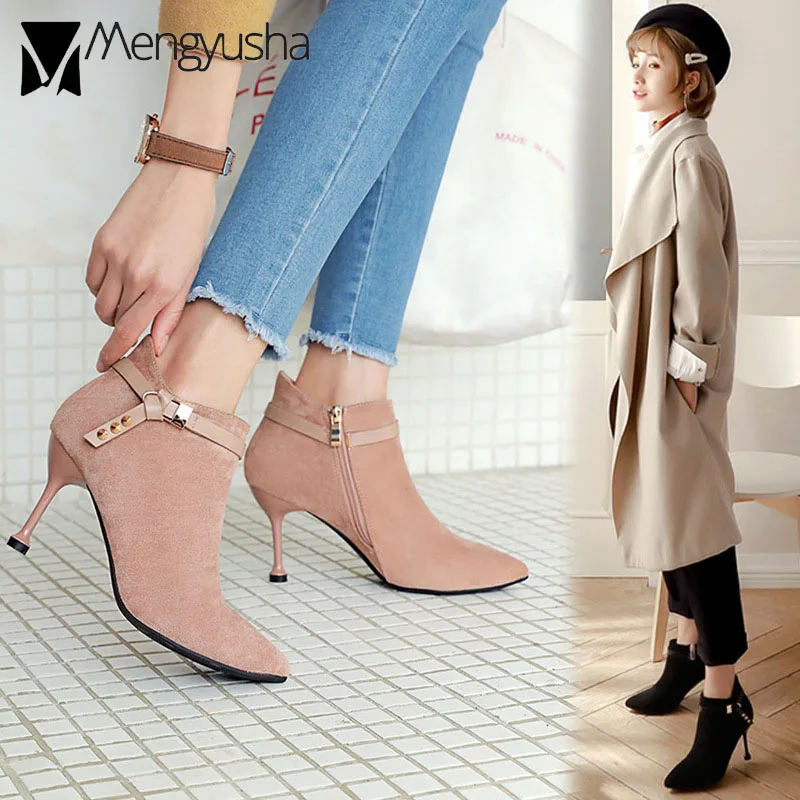 

Strap Belt Short Ankle Boots Women Thin High Heels Rivets Pointed Toe Botas Winter OL Ladies Stiletto Dress Botines Plush Fur