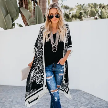 

Women Digital PrintLong Style Plus Size Shirt Lace loose Summer Fashion Sunscreen Shirts Beach Style Cardigan Kimono 2020