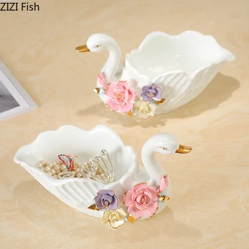 

Painted Floral Swan Decorative Bowl Storage Ornament Snack Plate Candy Organizer Jar Resin Animal Statue Tea Table Desktop Decor