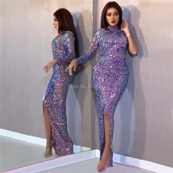 

Islamic Purple Mermaid Evening Dress Floor-Length Sequins Prom Dress Slit Robe De Soiree Aibye Middle East Dubai Arabia Formal