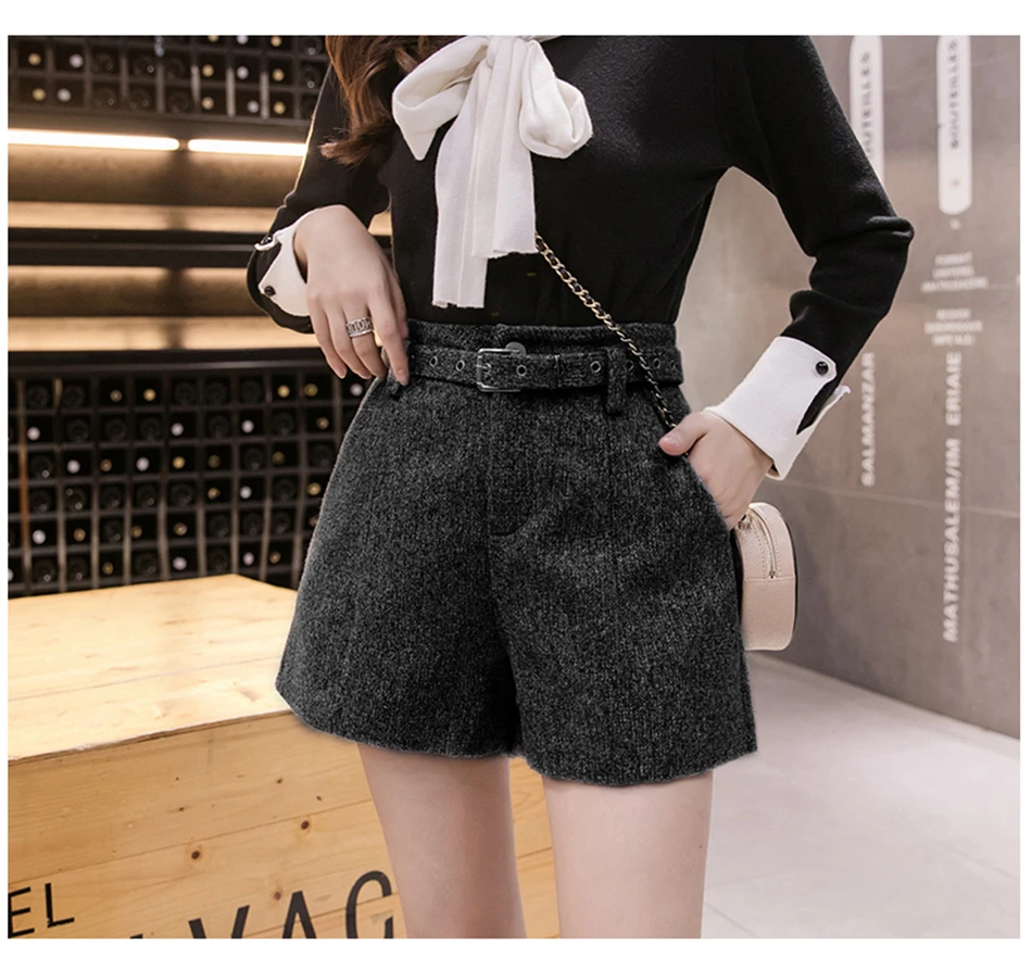 Pantalones cortos cálidos de alta mujer, Shorts informales con cinturón, de lana de pierna ancha, para otoño e invierno, novedad|Pantalones cortos| - AliExpress