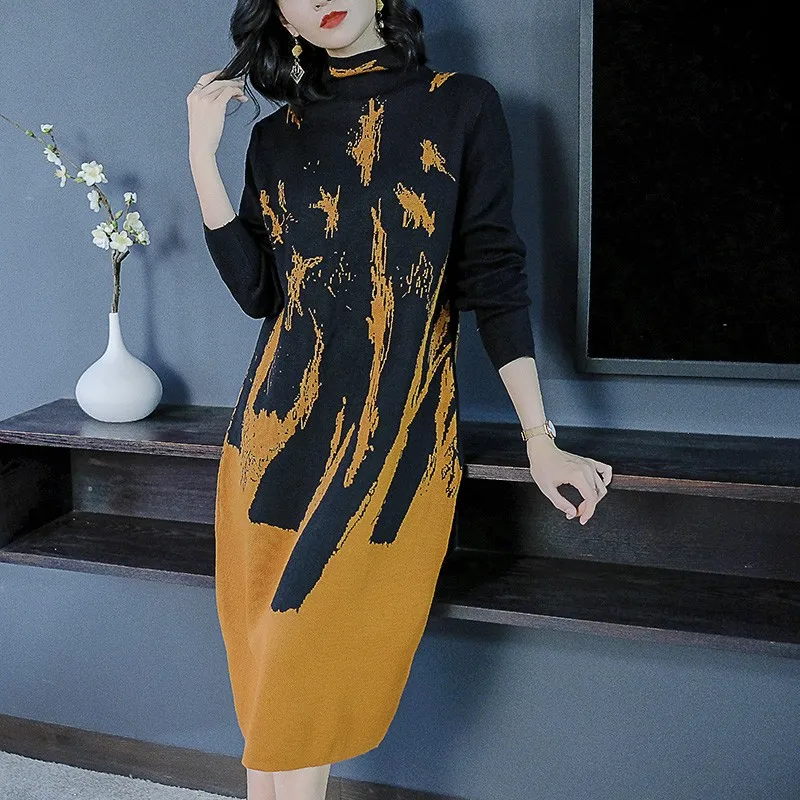 Neploe женский осенне-зимний модный халат плюс размер трикотажный свитер Vestido женский патч водолазка а линия платья пуловер 46280 - Цвет: brown