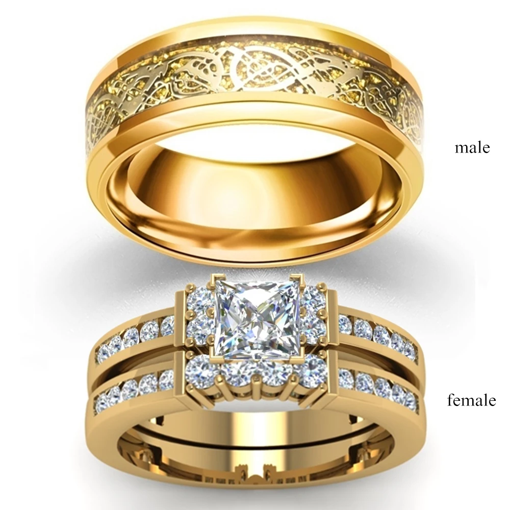 Парное кольцо стразы из нержавеющей стали с геометрическим золотым узором