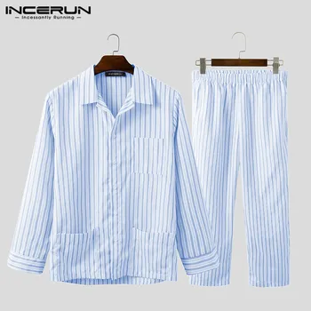 

Fashion Striped Pajamas Sets Men Leisure Pockets Homewear Suits Casual Long Sleeve Lapel Blouse Elastic Pants Nightwear INCERUN