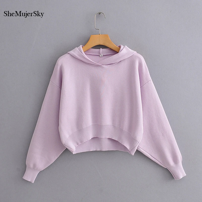 

SheMujerSky Women Black Crop Top Hoodie Lantern Sleeve Hooded Sweatshirt 2019 Fashion Solid Color Streetwear sudadera