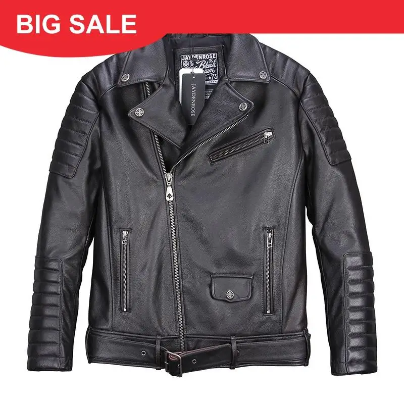 

2020 Black Men American Style Biker's Leathre Jacket Plus Size 5XL Genuine Cowhide Autumn Slim Fit Motorcycle Leather Coat